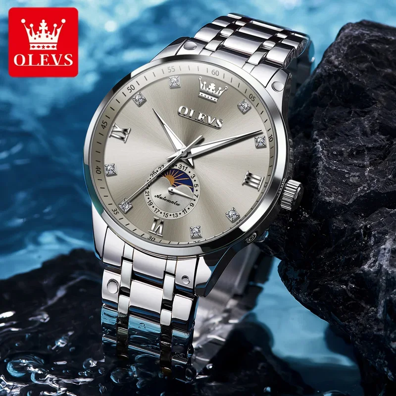 OLEVS Original Men's Automatic Movement Watch Mechanical Classic Wristwatch Moon Stainless Steel Waterproof Luxury Watch 7041