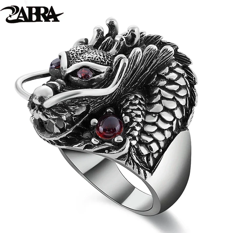 ZABRA 100% Solid 925 Sterling Silver Dragon Red Zircon Eye Domineering Men Ring Vintage Punk Retro Big Gothic Ring Men Jewelry