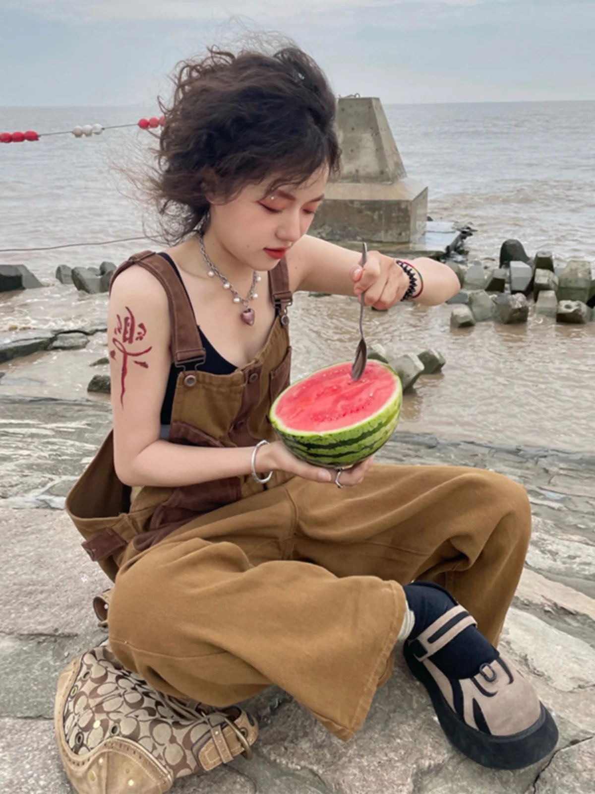 

Agel Chic Design Double-Sided Wear Color Blo Denim Overalls Women's Spring Autumn plus Size High Waist hine Embroidery