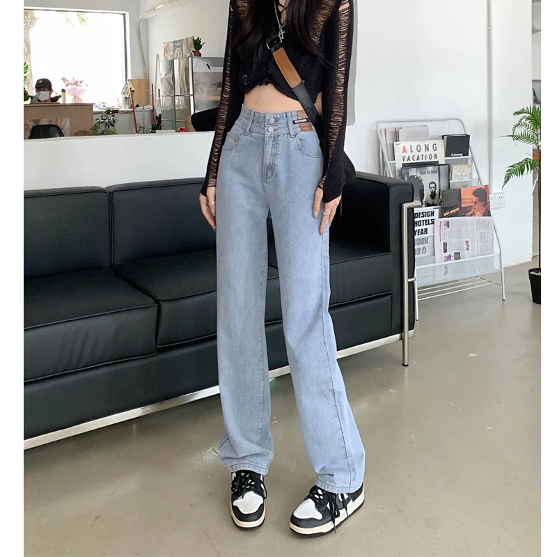 ハイウエストルーズフィットストレートレッグジーンズ、洋梨体型の女性向けプラスサイズ、秋の新作、スリム効果のあるワイドレッグパンツ