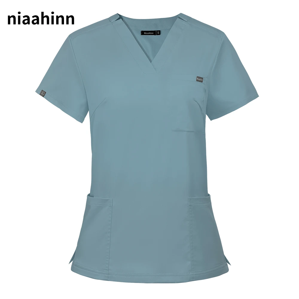 솔리드 Vneck 포켓 스크럽 셔츠 병원 유니폼, 여성 남성 스크럽 블라우스 외과 의류 조깅 탑 의료 액세서리, 8 가지 색상