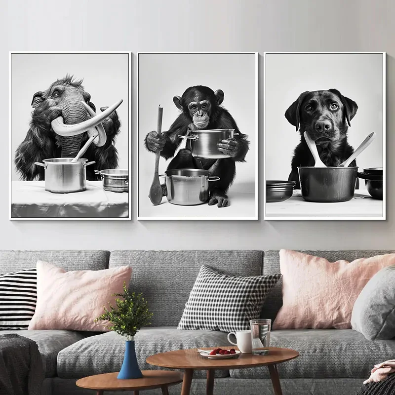 1pc frameless Canvas Painting Animal Cooking in The Kitchen Poster Funny Pictures Elephan Mammoth Monkey Dog Canvas Painting Wal