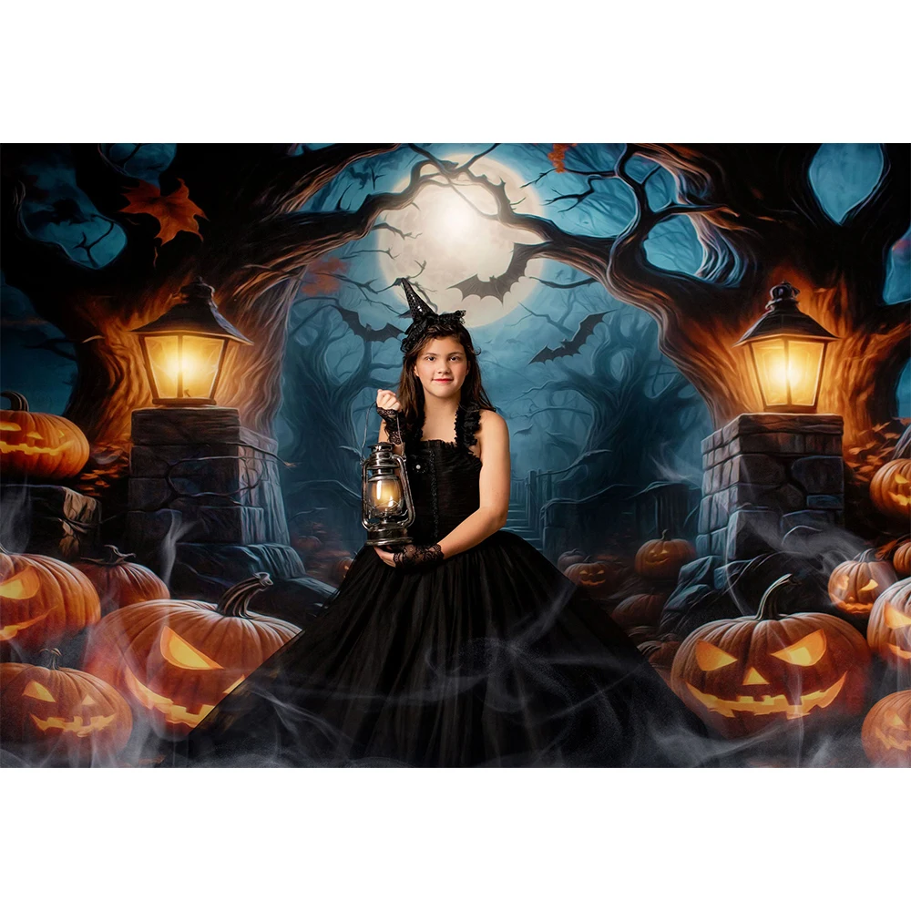 Halloween Background Proceed With Caution Photography Backdrops Night Cemetery Pumpkin Photocall Cake Smash Photo Studio Props