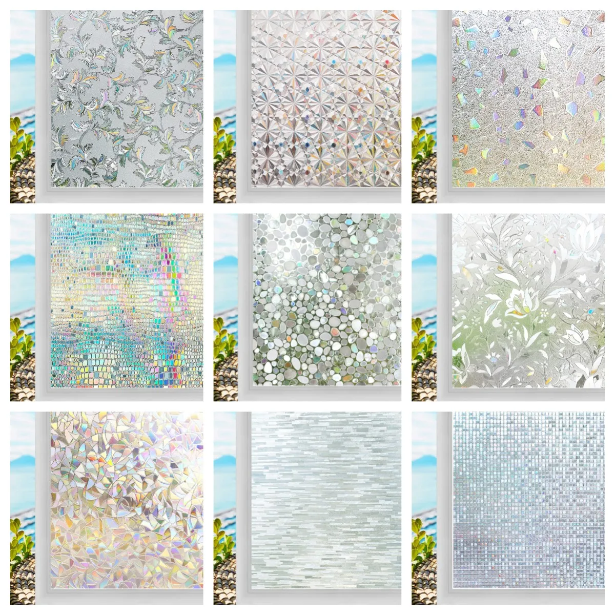 3D Mosaic Rainbow Window Film Privacy UV Protection Static Cling Adhesive Window Stickers for Home Removable Heat Insulation