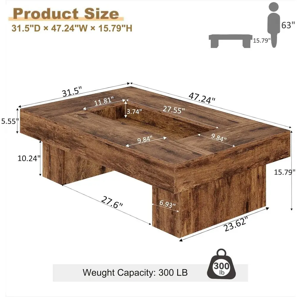 Large Coffee Table Rustic Brown 47.24 Long Wood Center Table with LED Light, Unique Low Wide Led Tea Table with Storage for Home