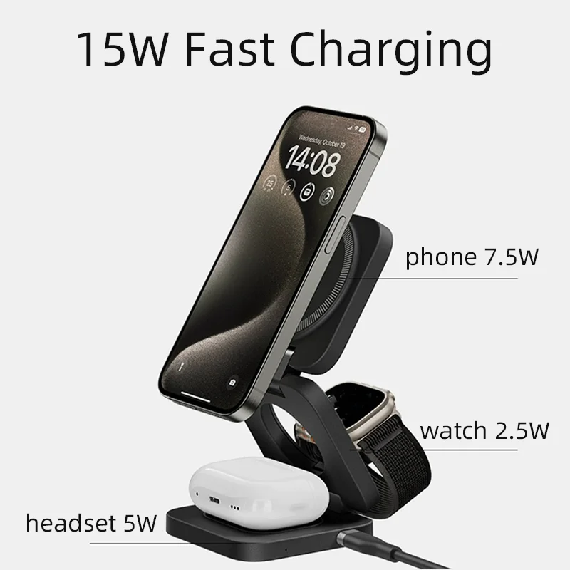 3 In 1 Foldable Magnetic Wireless Charger Stand For iPhone 15 14 13 Pro Max iWatch 8 7 6 AirPods 3 2 Station Dock Fast Charger