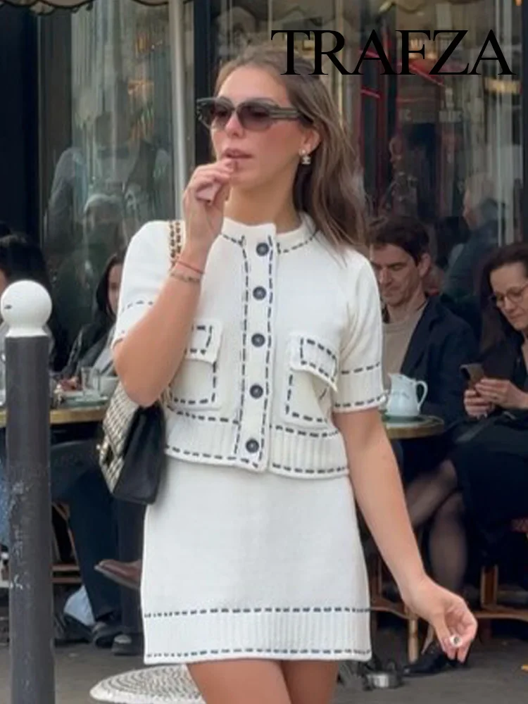 

TRAFZA Female Spring Fashion Line Decoration Coats O-Neck Half Sleeve Pockets Single-Breasted Cardigan+Knitted Mini Skirt Suit