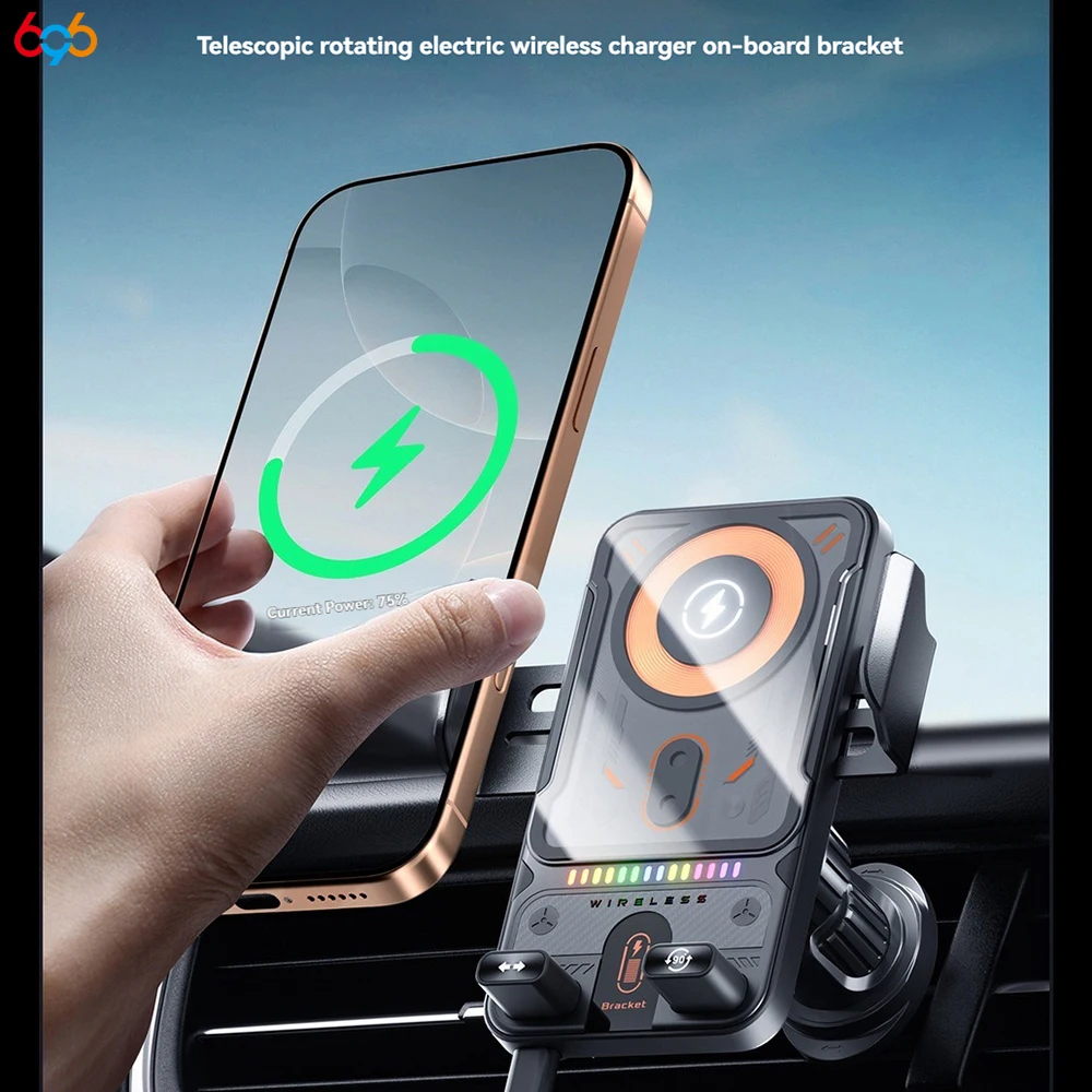 

2025 Car Holder With Dual Motor Electric Rotating Opening Closing Mobile Phone Holder Wireless Fast Charging Car Phone Bracket