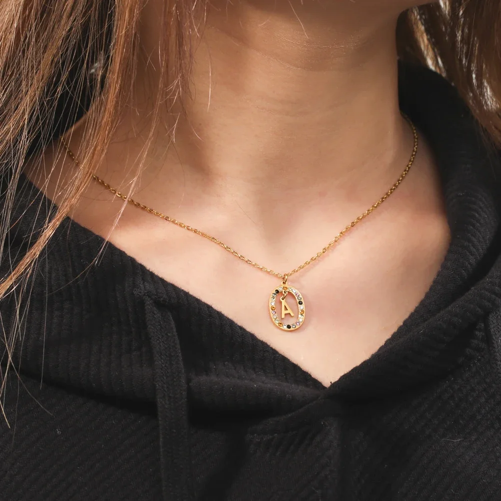 Skyrim Stainless Steel Colorful Zircon Initial Letter Necklace Women A-Z Alphabet Aesthetic Neck Chain Jewelry Mother Day Gift