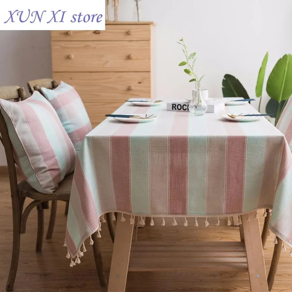 

2023 Striped Tablecloth with Tassels,Rectangular Linen Cotton Table for Kitchen Dinning Room Tabletop Coffee Table Decoration