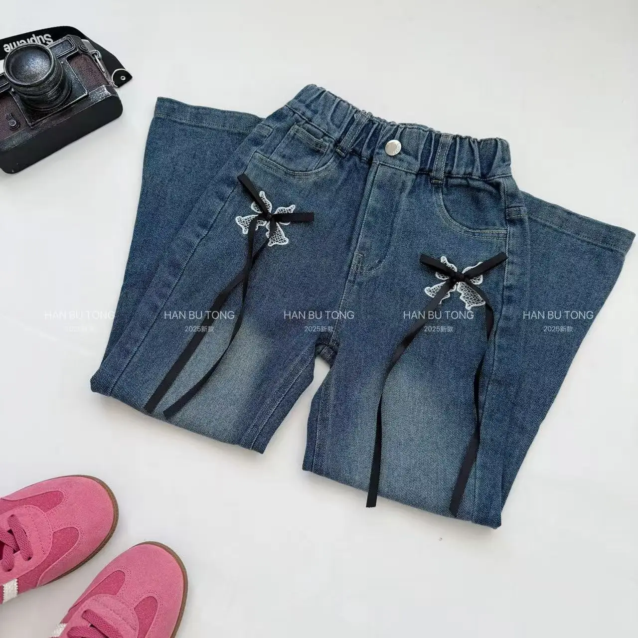 Girls Pants Jeans Spring and Autumn Clothing 2025 New Elastic Bow Micro Flared Pants Jeans