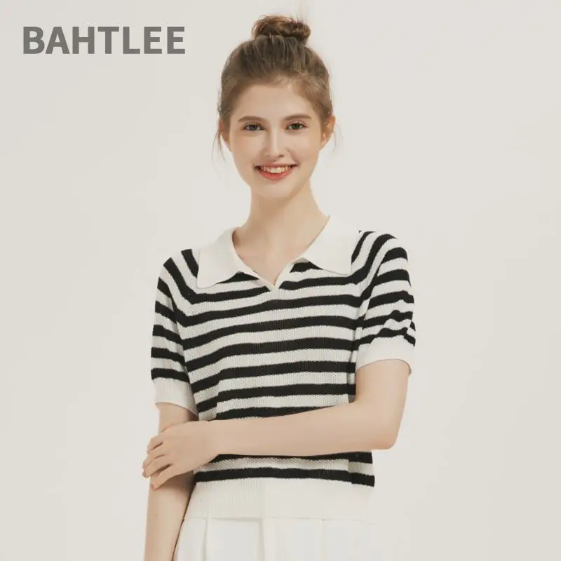 BAHTLEE-Polo-Neck Pullovers for Women, T-Shirt, Short, Sleeveless, Striped, Preppy Style, Summer