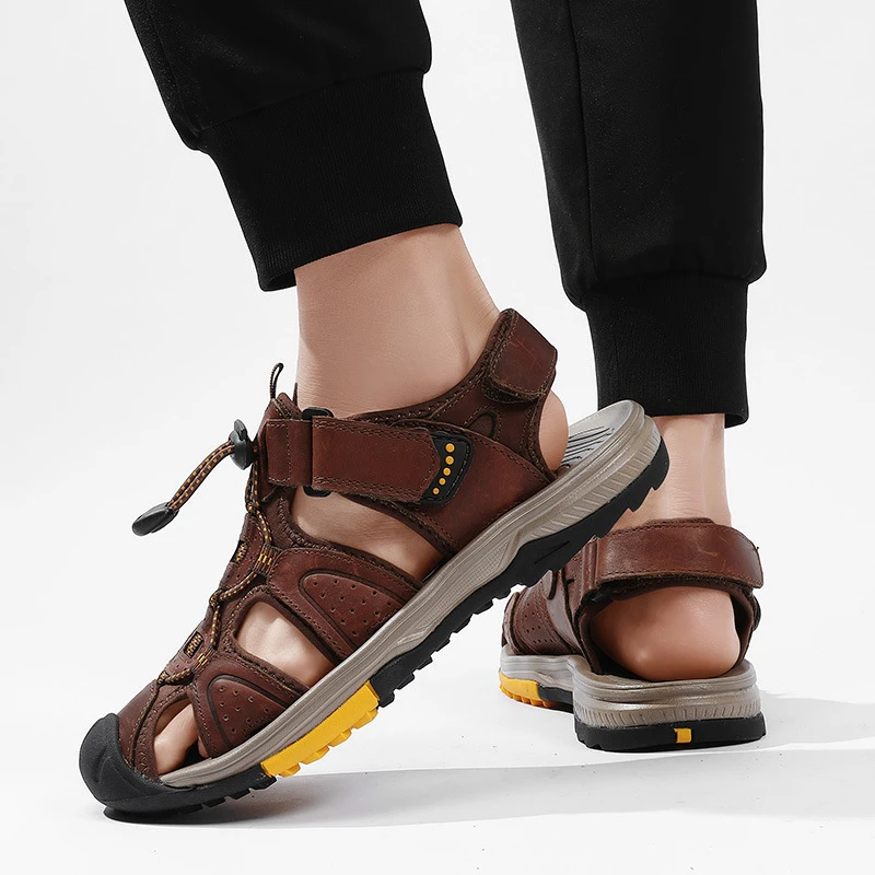 Large Size New Summer Men's Top Layer Cowhide Bag-Toe Casual Outdoor Beach Sandals Comfortable Velcro Non-Slip Breathable - view 2