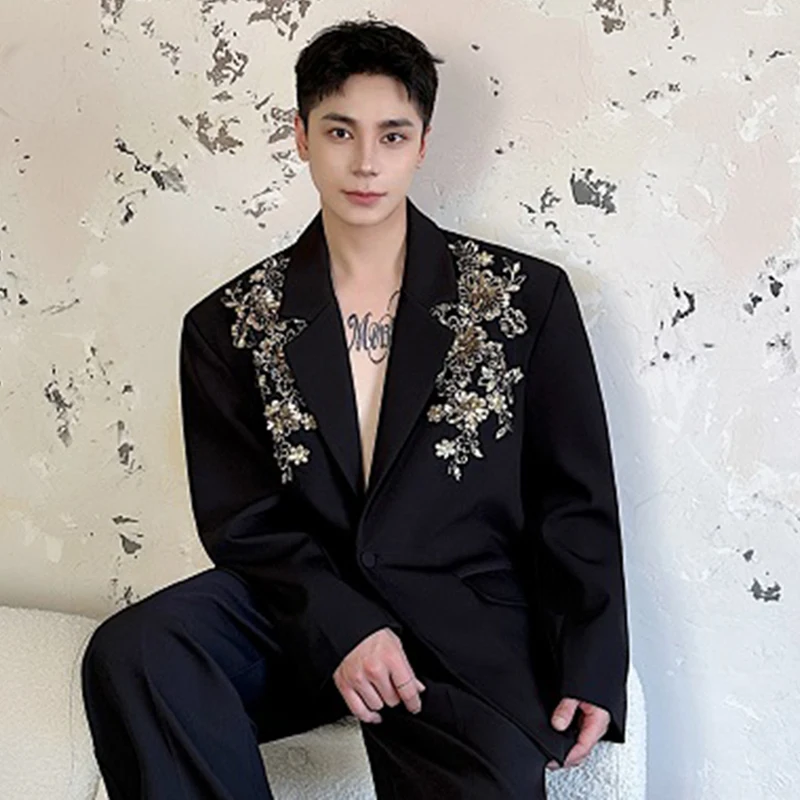 IEFB Korean Style Men\'s Blazers Three-dimensional Embroidery Sequins Single Button Male Casual Clothing New Fashion 2024 9C7244