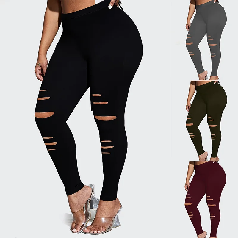 

HXWP113 Женские летние рваные эластичные узкие брюки больших размеров 2024, брюки с пышным кроем