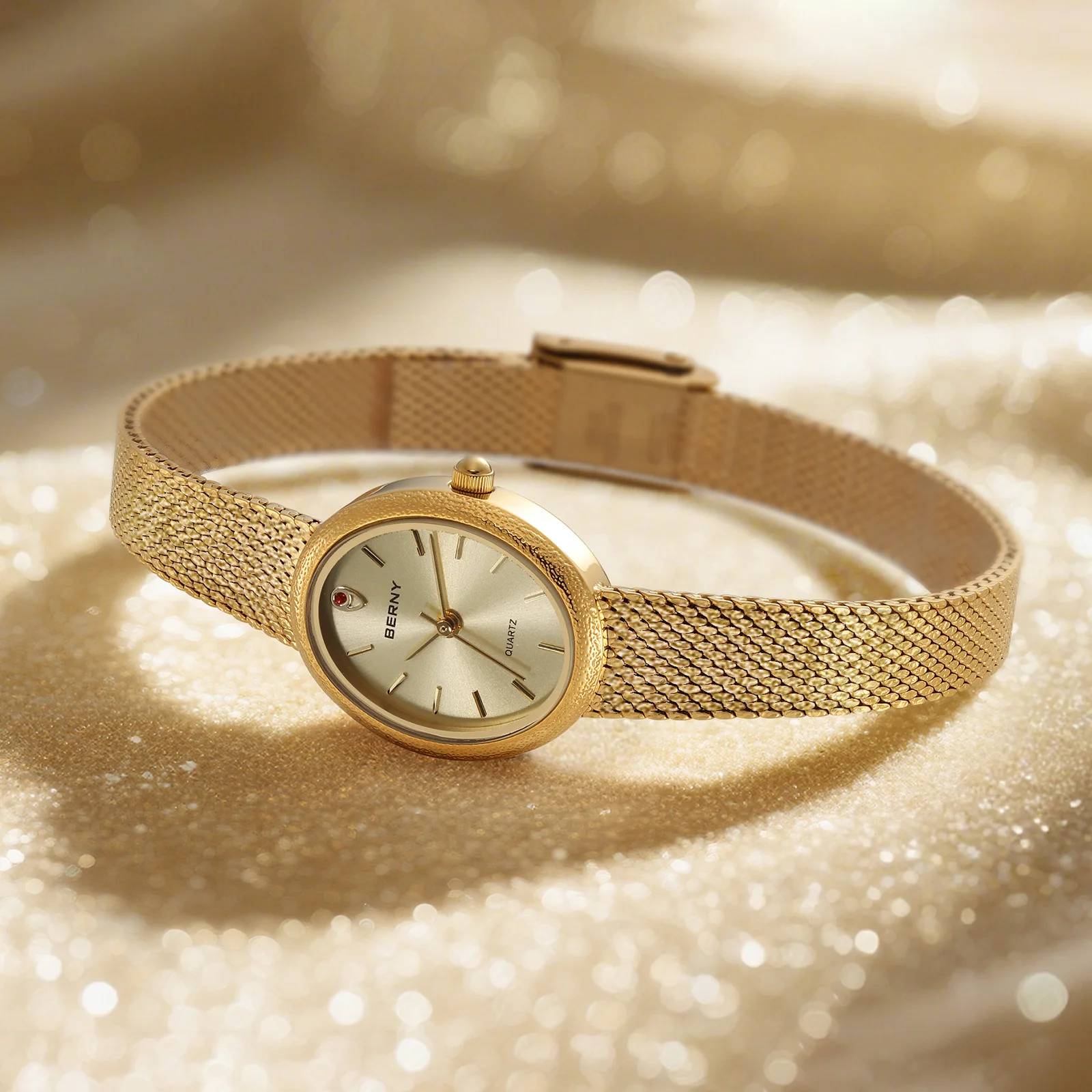 BERNY Luxury Watches for Women Fashion Golden Ladies Quartz Watch Super Lightweight Oval Case S/S Casual Dress Wristwatch