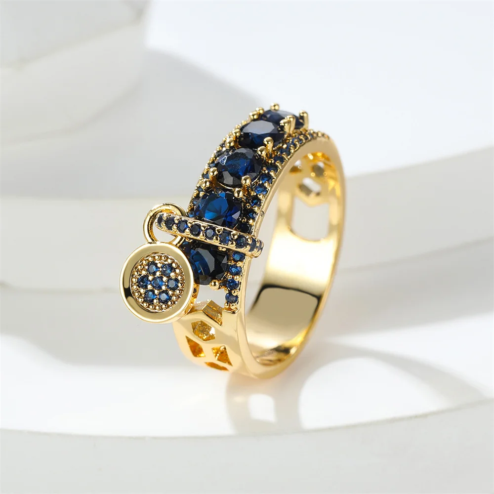 Vintage Royal Blue Stone Ring Yellow Gold Color Luxury Female Wedding Rings For Women Round Dangle Ring Engagement Jewelry Gifts