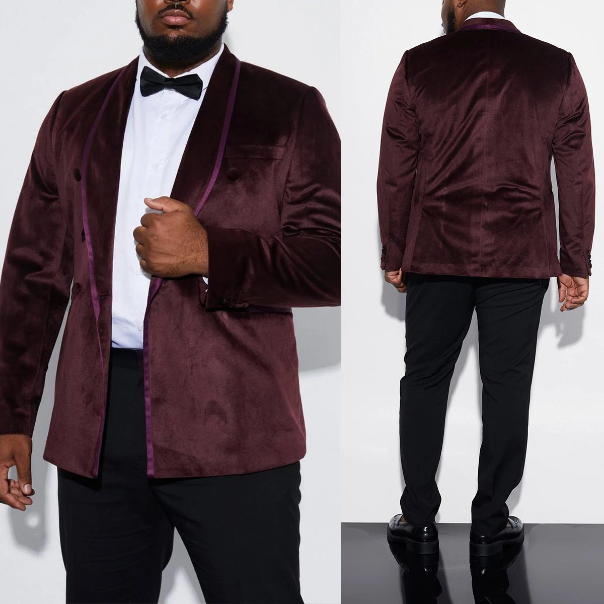 

Velvet Burgundy Men Suits 2 Pieces Blazer Black Pants One Button Modern Fashion Wedding Groom Formal Work Party Causal Tailored