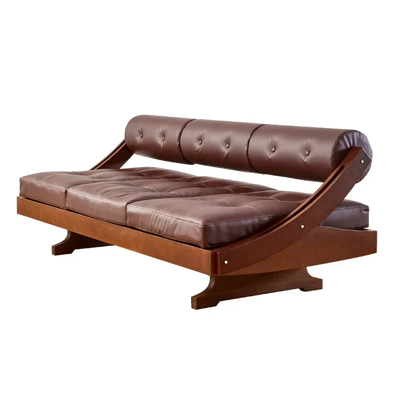 Full solid wood three person sofa, retro cherry wood leather sofa bed