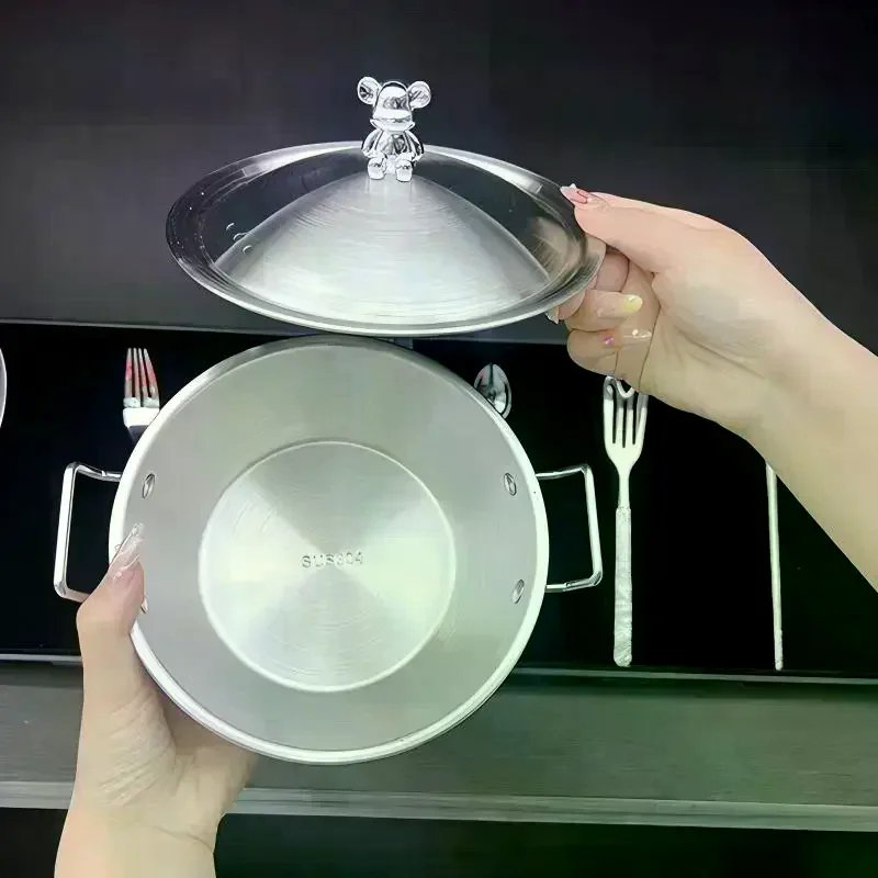 201 Stainless Steel Salad Bowl Melting Boiling Pot Instant Noodle Bowl Korean Rice Wine Bowl With Double-ear Handle Snack Basket