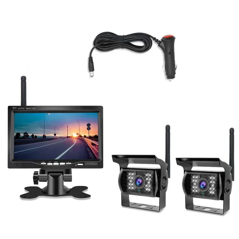 #(Upgraded)7InWireless Monitor Waterproof Vehicle 2 Backup Camera Kit TFT LCD Monitor Parking Assistance for Bus Houseboat Truck