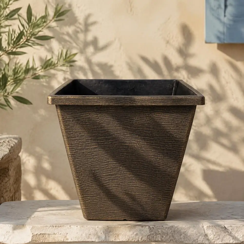Indoor Outdoor Plant Containers Square Resin Planter with Drainage Hole 10 Inch Decorative Garden Pot Modern Textured for Indoor