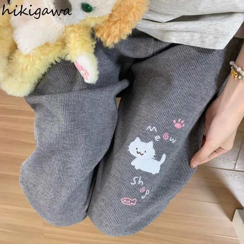 Sweatpants Women Japanese Chic Y2k Pants Cute Pantalon Femme 2024 New Bottoms Cat Embroidery Straight Tunic High Waist Trousers