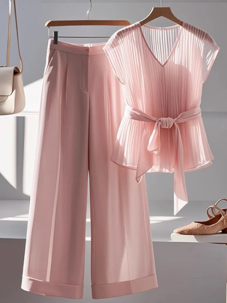 

Sumemr Fashion Pink Two Piece Sets V-neck Lace Up Sleeveless Top for Women+ High Waist Loose Straight Wide Leg Pants