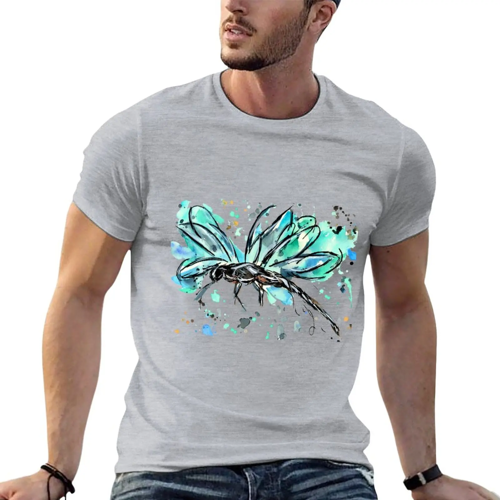 Blue and Green Watercolour Dragonfly T-Shirt boys animal print shirt customizeds mens t shirt