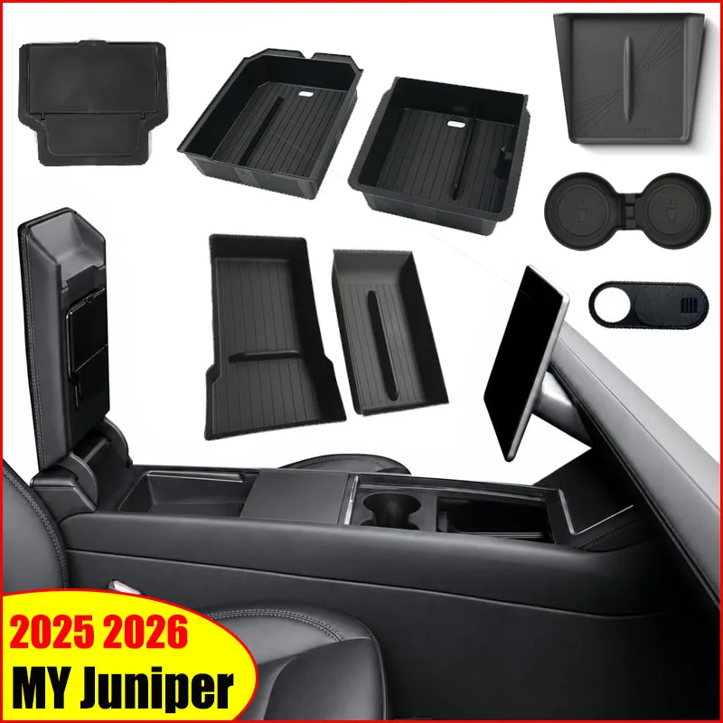 For Tesla Model 3 Y Juniper Highland 2025 2026 Launch Console & Armrest Upper and Lower Storage Box Watercup Holder Camera Cover