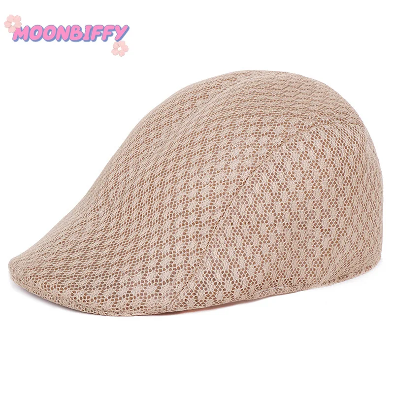 Summer Men Women Flat Beret Hollow Breathable Cap Sun Hat Solid Color Casual Newsboy Hat Fashion British Style Golf Hat For Men