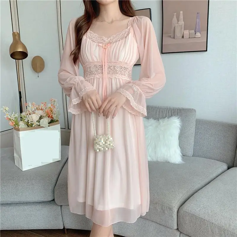 

Mesh Nightgown Sleepwear Women Nighty Gown Hollow Out Lace Summer Sleepdress Long Sleeve Nightwear Nightdress Loungewear