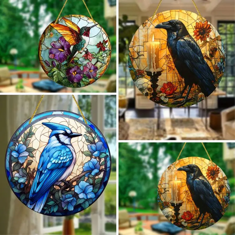 Hummingbird Vintage Stained Suncatcher Art Decoration Home Room Window Hanging Round Acrylic Wall Pendant Garden Ornament Gift