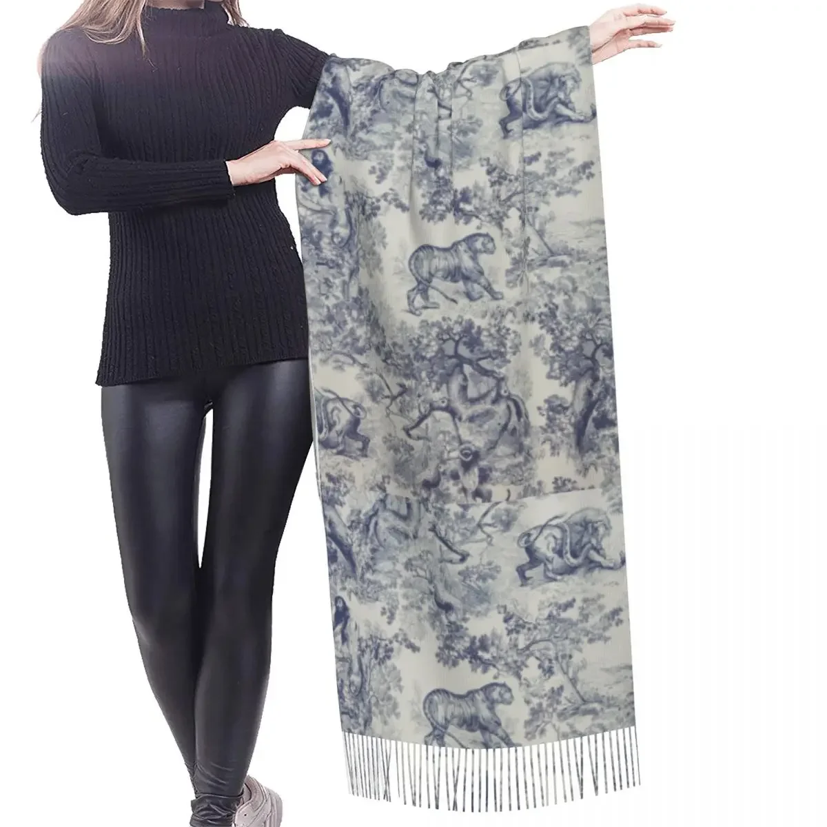 Lady Long French Toile De Jouy Navy Blue Motif Scarves Women Winter Thick Warm Tassel Shawl Wraps Animal Forest Floral Art Scarf