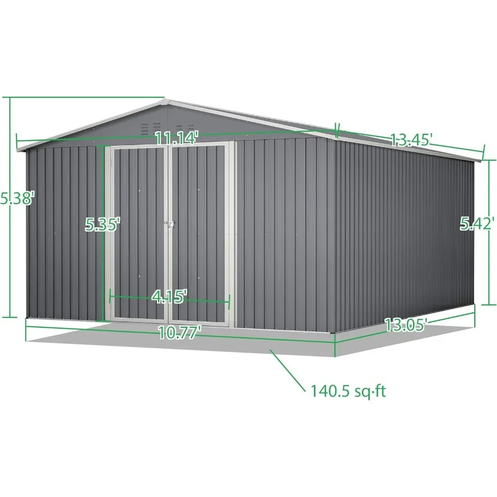 11 x 13FT outdoor metal storage shed with floor frame base, galvanized steel garden shed with 4 ventilation openings