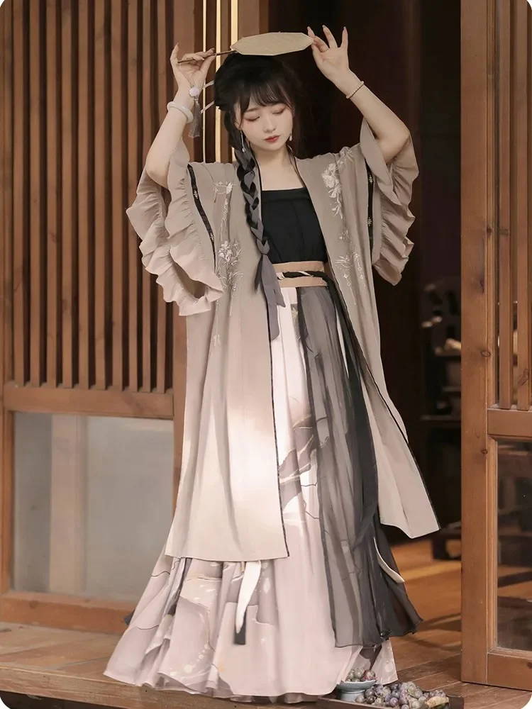 طقم فستان هانفو 3 قطع للنساء ، زي تنكري صيني تقليدي ، طباعة عتيقة ، موضة صيفية ، Y2K