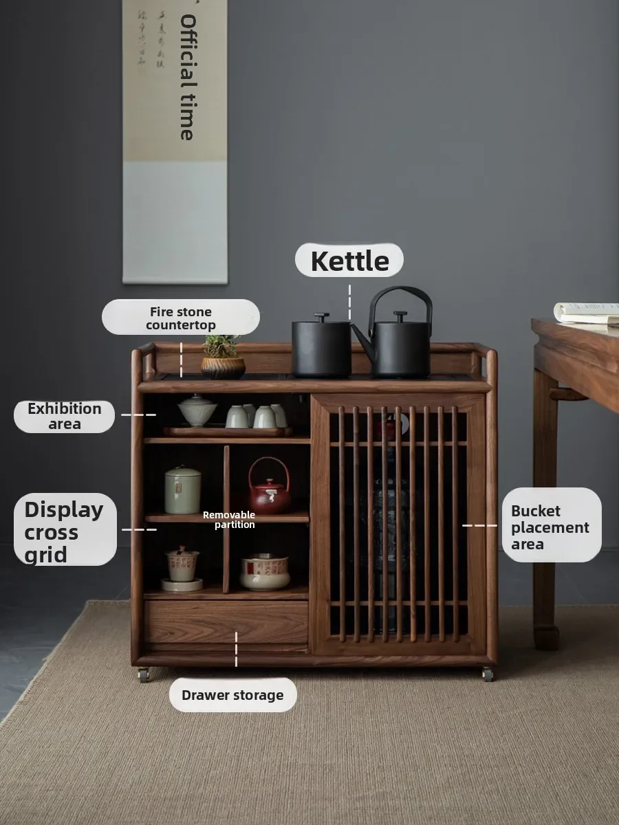Mobile tea cabinet rack New Chinese side cabinet Black walnut solid wood tea cabinet Kettle integrated