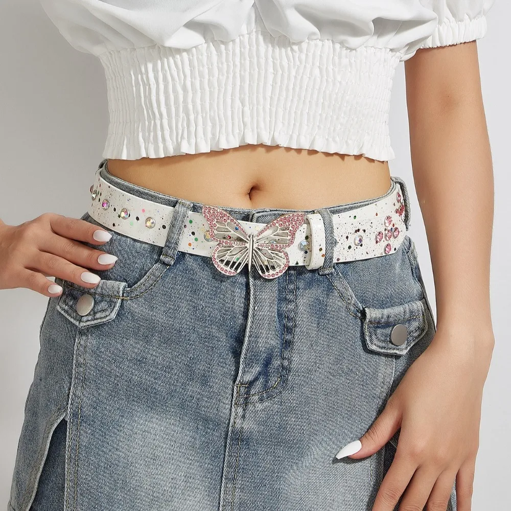 Adjustable Butterfly Rhinestone Belt Hollow Wide Side Butterfly Waistbands Y2k Korean Style PU Leather Waist Belt