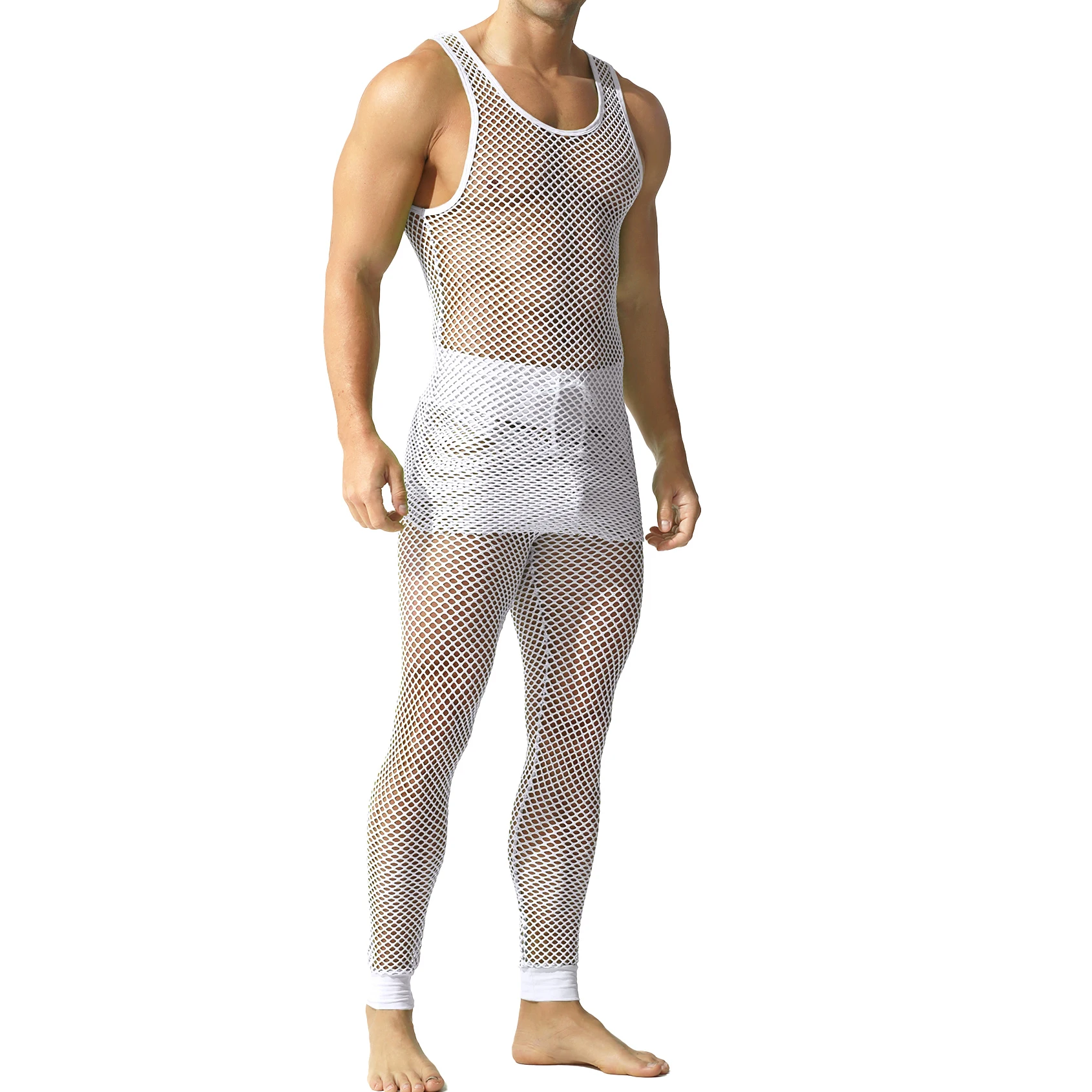Sexy Fishnet Men's Tank Top Sets Hollow Out Vests + Tight Pants Clothing Set See-through Sports Wear view 3