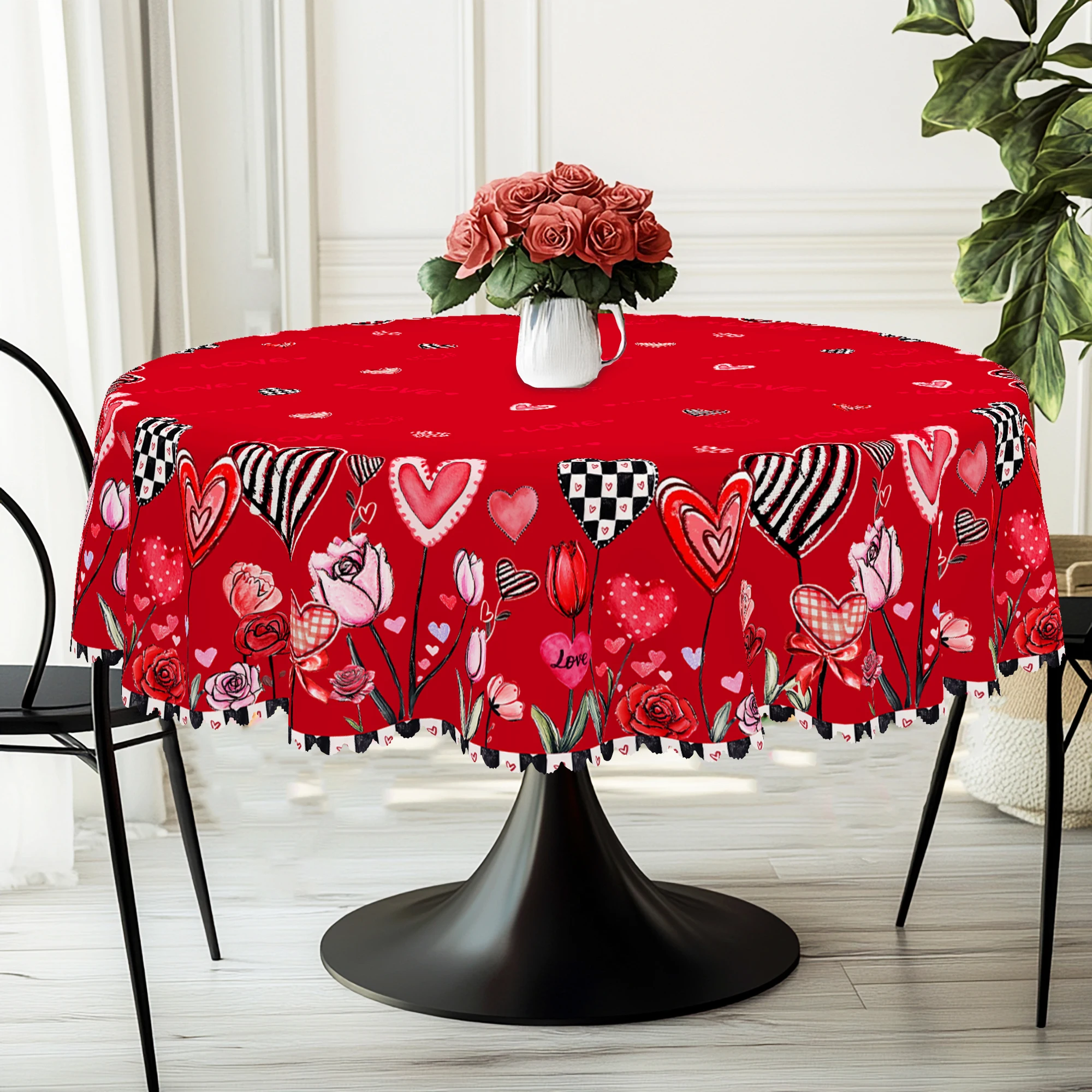 1 Piece Valentine\'s Day Round Tablecloth, 5 Sizes Available, Romantic Heart-Shaped Printed Square Tablecloth, Edge Embossing Process, Wedding Garden