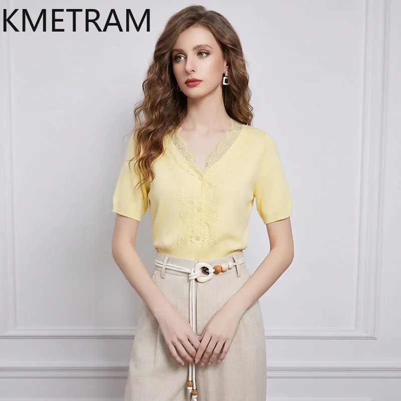 KMETRAM French Style Lace Trim Knit Tops for Women V-Neck Short Sleeve T Shirts Casual Summer Blouse New Woman Clothing 2026 топ