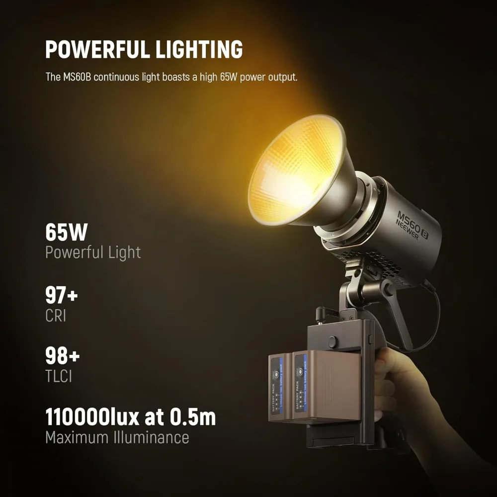 

MS60B 65W COB LED Video Light with Battery Kit, 2.4G/APP Control, 2X 7800mAh NP-F970 Battery PD Fast Charging, 2700K-6500K