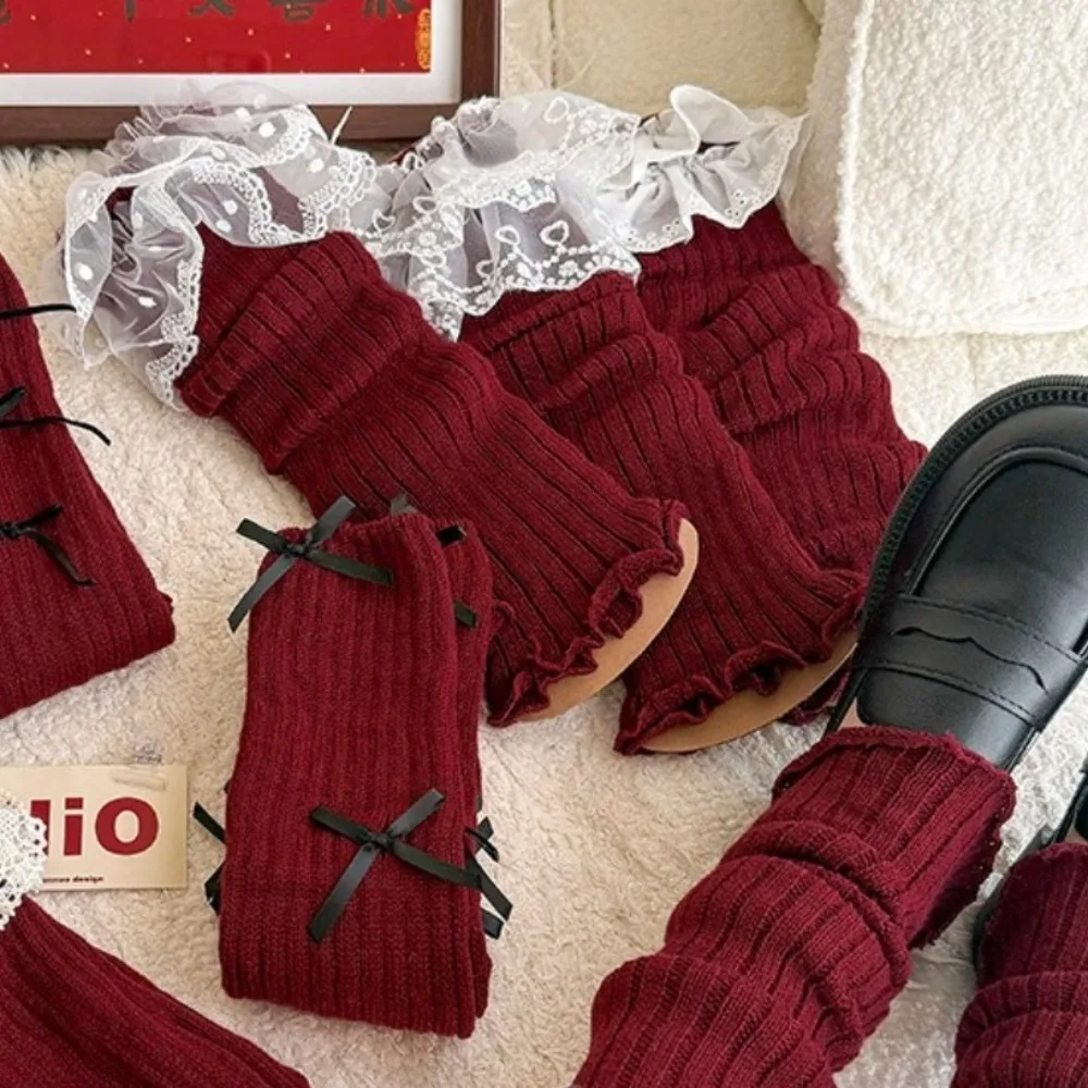 

New Year Gifts Red Leg Warmers Women Balletcore Lolita JK Knitted Leg Cover Pile Socks Foot Cover Long Tube Stockings Christmas