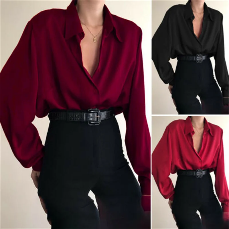 Women Button Blouses Turn Down Collar Shirts Office Lady Long Sleeve Casual Blouse Loose OL Shirt Baggy Tops