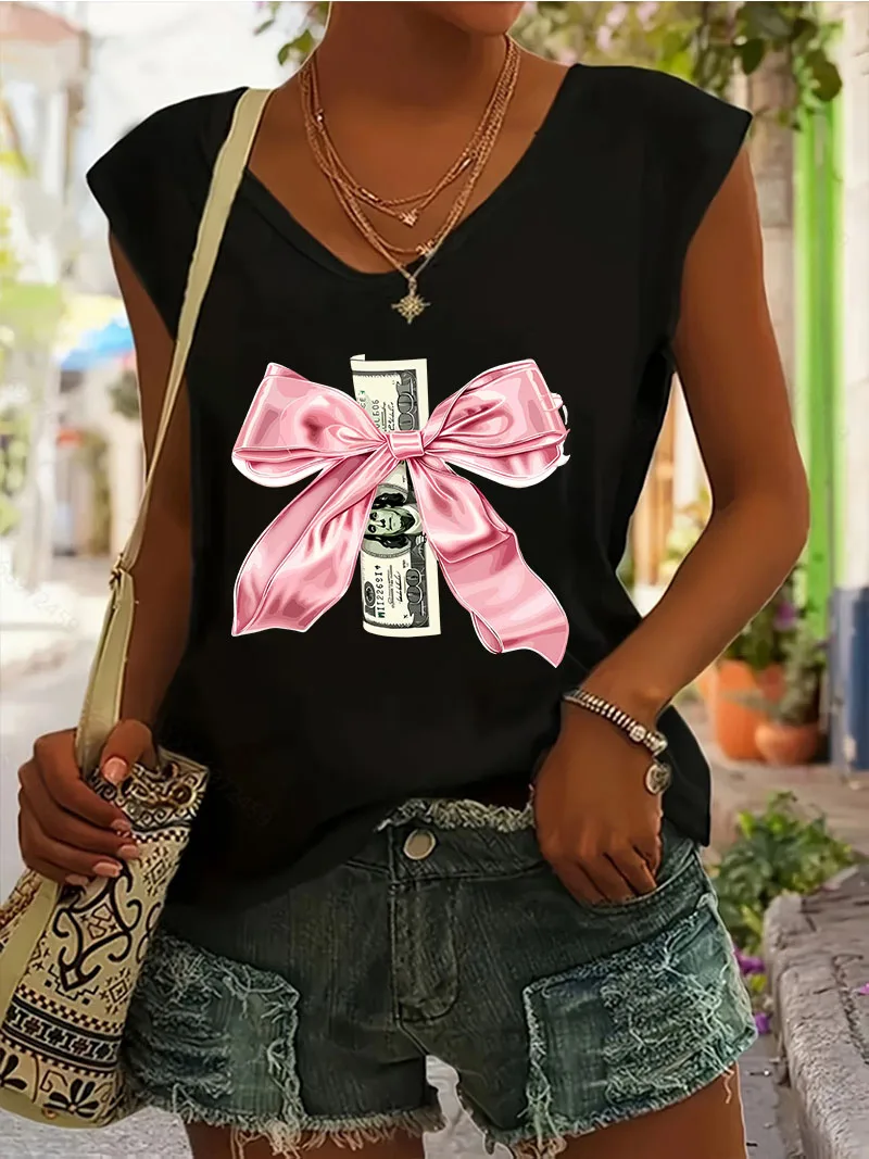 Hip Hop Vintage Money Bow Printed T-shirt V Neck Casual Fashion Vest T Shirts Women Tee Shirt V-Neck Clothes