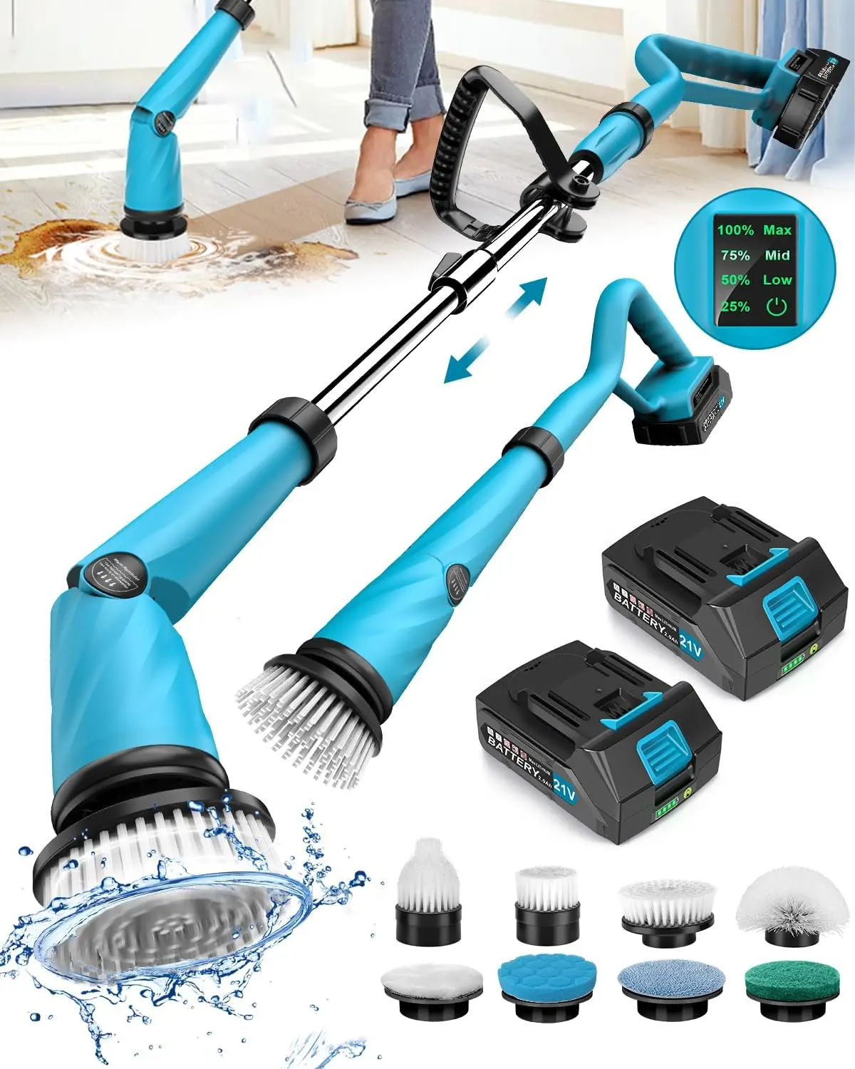 1500 RPM Battery Electric Spin Scrubber with Handle, 8 Replaceable Shower Scrubber & 2 Battery Powered Cleaning Brush