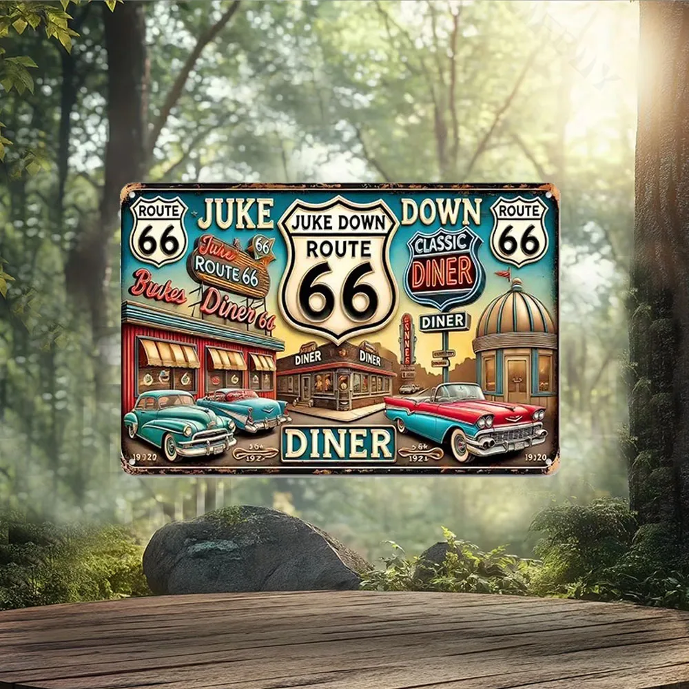 Arte de letrero de estaño retro, letrero de metal de la Ruta 66 vintage, decoración de pared de aluminio con tema de cena clásica y coches retro