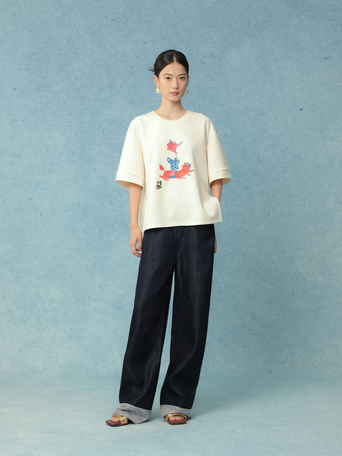 

Loose ort Sve Crystal Button Printed Top apel Comfortable Polyester Cotton Blend round Ne Casual Busin Wear