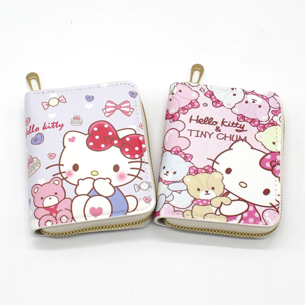 Sanrio-billeteras de Hello Kitty para mujer, portatarjetas de cuero portátil, monedero con cremallera para niñas, regalo para estudiantes, billetera pequeña de dibujos animados