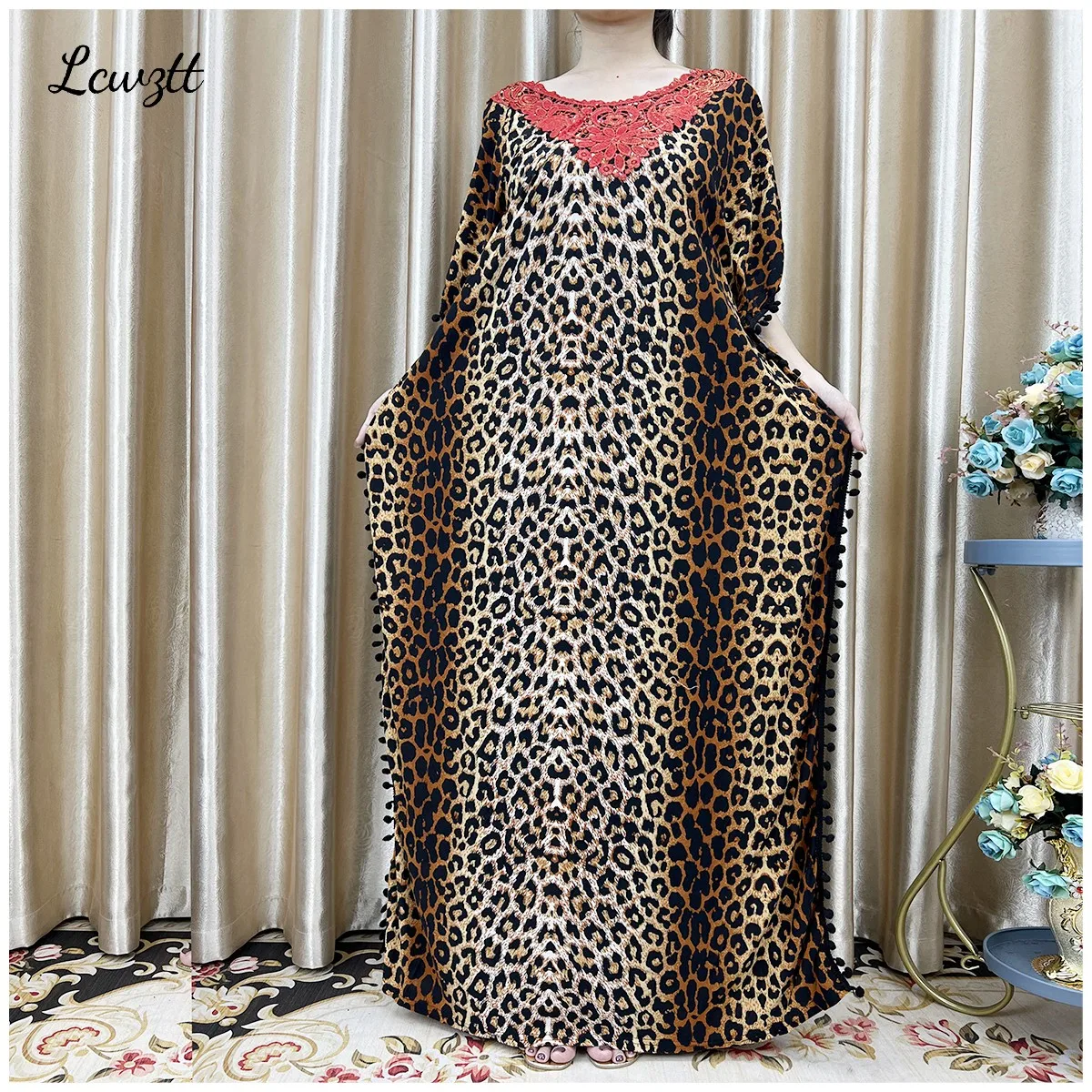 New Arrival Fashion African Women Loose Dress Muslim Large Casual Dress Elastic Fabric Stitching Pearl Diamond Decorative Style